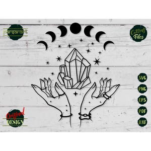 Cristal magique SVG Mistic mains SVG Guérison SVG Phases de la lune symbole Wicca Étoiles célestes païennes Cluster Vector numérique couper fichier Eps Png Dxf