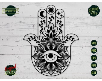 Mano de Hamsa SVG, Mano de Fátima SVG Mandala SVG Símbolo budista Protección contra el mal de ojo Vector Archivo de corte digital Cricut/Silhouette Eps Png Dxf