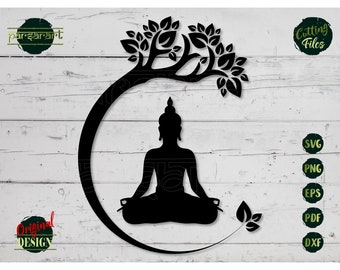 Buddha Bodhi Tree SVG, Sitting Buddha Clipart Bodhisattva Yoga SVG Namaste Meditation Vector Digital Cut File Cricut/Silhouette Eps Png Dxf