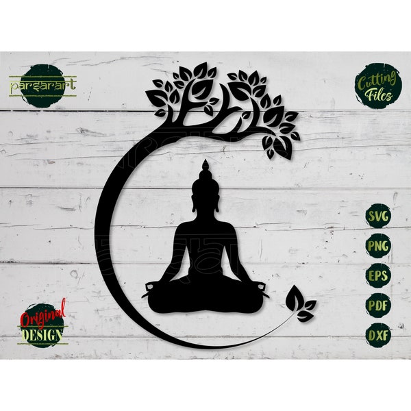Buddha Bodhi Tree SVG, Sitting Buddha Clipart Bodhisattva Yoga SVG Namaste Meditation Vector Digital Cut File Cricut/Silhouette Eps Png Dxf