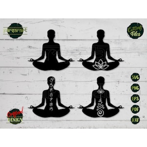 May include: Four black silhouette images of people in a yoga pose. Two of the images have a white lotus flower design and the other two have white Sanskrit symbols.