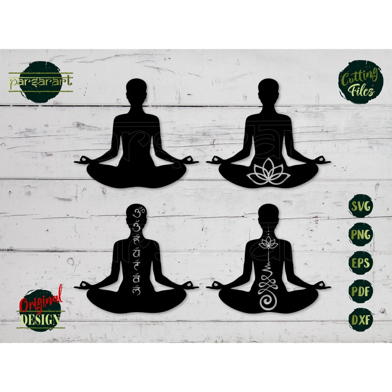 May include: Four black silhouette images of people in a yoga pose. Two of the images have a white lotus flower design and the other two have white Sanskrit symbols.