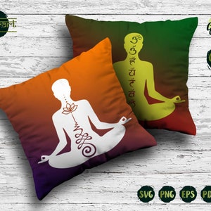 May include: Two pillow designs featuring a white silhouette of a person in a yoga pose with a lotus flower and Sanskrit symbols. The pillows have a gradient background of orange, purple, and green.