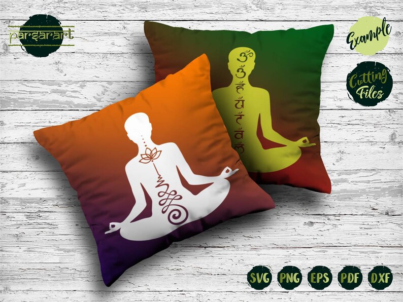 May include: Two pillow designs featuring a white silhouette of a person in a yoga pose with a lotus flower and Sanskrit symbols. The pillows have a gradient background of orange, purple, and green.