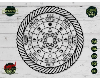 May include: Black and white illustration of a wheel with a six-pointed star in the centre. The wheel is divided into eight sections, each labelled with a different name and date. The names are: Samhain, Mabon, Lammas, Litha, Yule, Imbolc, Ostara, and Beltane.