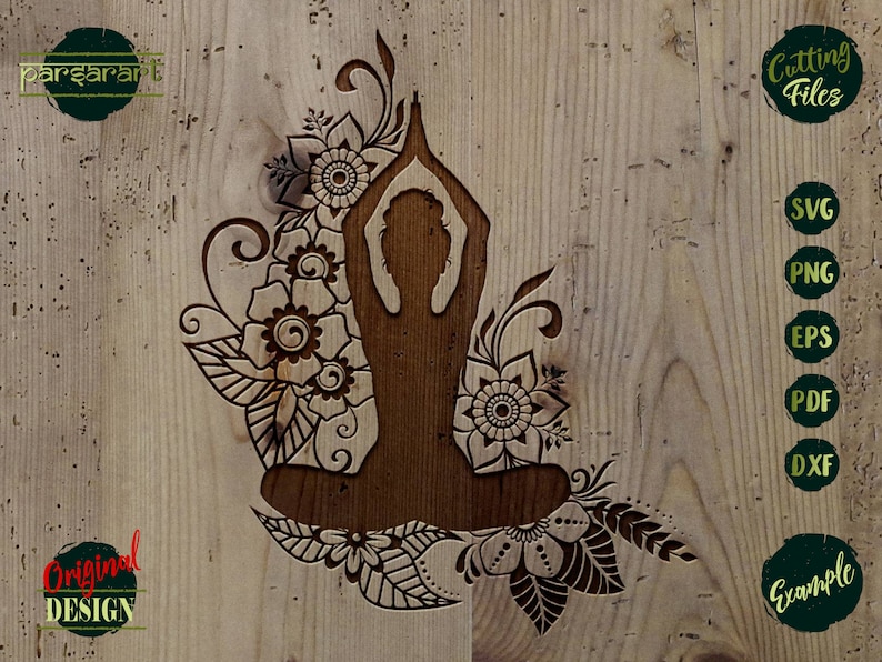 May include: A black silhouette of a person in a yoga pose surrounded by intricate floral designs. The image is set against a woodgrain background.