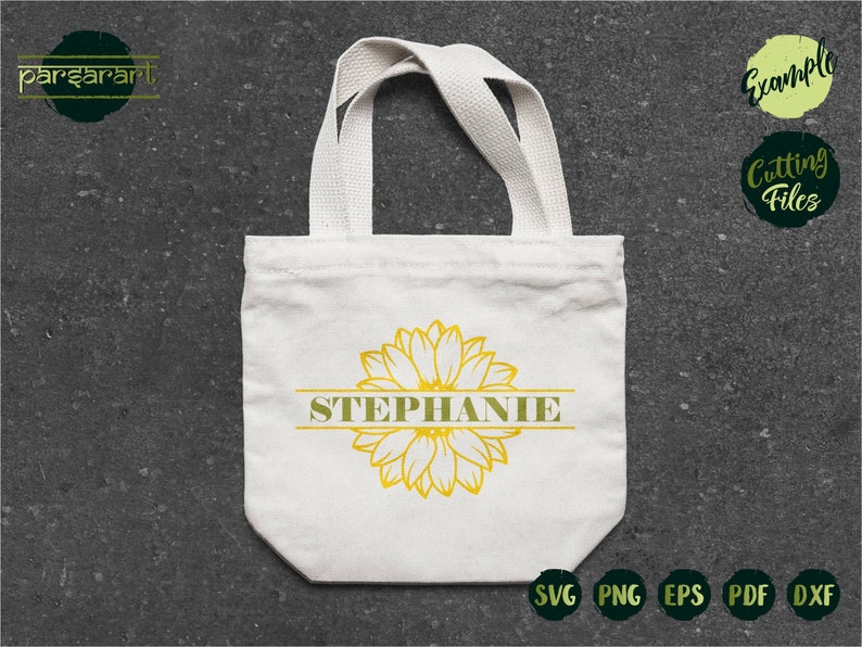May include: A white tote bag with a sunflower design and the name "STEPHANIE" printed in green on a gold banner.
