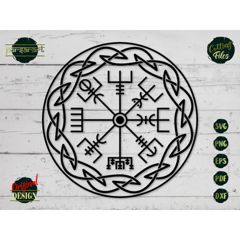 May include: Black and white vector graphic of a Viking compass with a knotted rope border. The compass features eight directions with symbols representing the elements of nature.