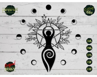 Spiral Goddess SVG, Pentacle SVG Moon Phases SVG Wicca Pagan Celtic Symbol Witch Wiccan Star Vector Cut File Cricut/Silhouette Eps Png Dxf