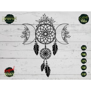 Dreamcatcher SVG, Dream Catcher SVG Triple Lune SVG Plumes Dream Hunter Mandala Boho Vector Cut File Cricut/Silhouette Autocollant Eps Png Dxf