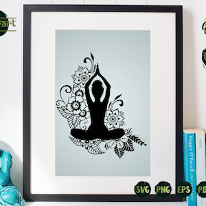 May include: Black silhouette of a person in a yoga pose with floral designs around them. The image is on a light blue background.