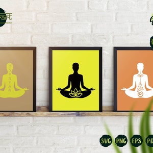 May include: Three digital art prints of a person in a yoga pose with a lotus flower and Sanskrit symbols. The prints are on brown, yellow, and orange backgrounds.