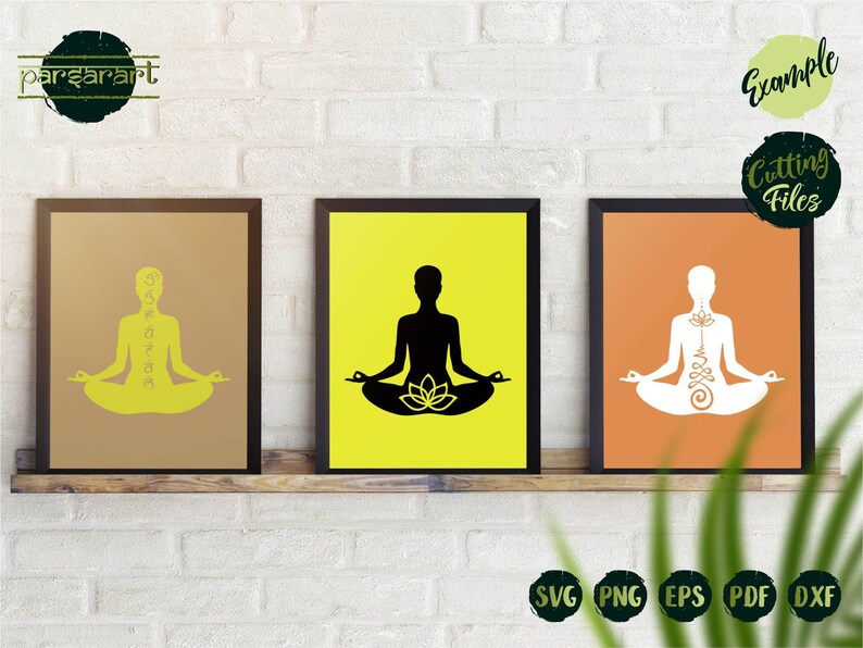 May include: Three digital art prints of a person in a yoga pose with a lotus flower and Sanskrit symbols. The prints are on brown, yellow, and orange backgrounds.