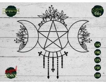 Boho Triple Moon SVG Pentagram SVG Goddess Wicca Clipart Celestial Pagan Wiccan Symbol Vector Digital Cut File Cricut/Silhouette Eps Png Dxf