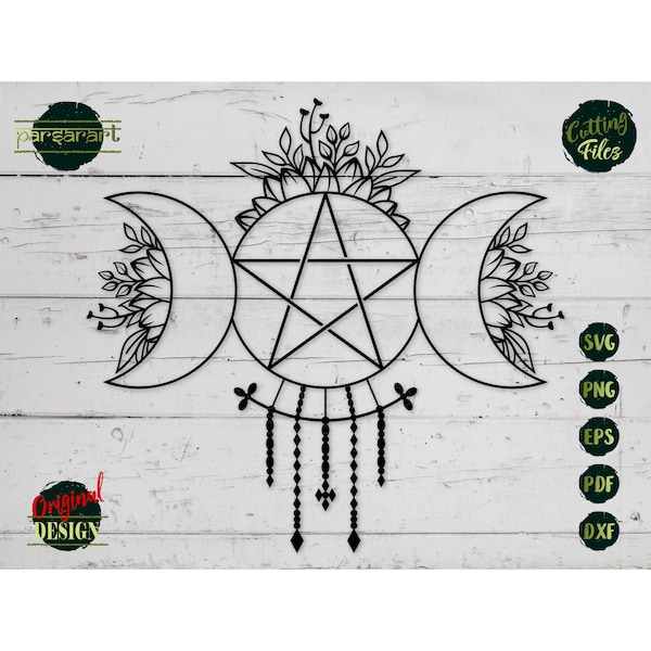 Boho Triple Moon SVG Pentagram SVG Goddess Wicca Clipart Celestial Pagan Wiccan Symbol Vector Digital Cut File Cricut/Silhouette Eps Png Dxf