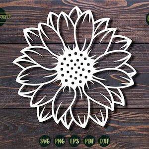 May include: A white outline of a sunflower with a detailed center. The sunflower is on a dark brown wooden background. The text "Cutting Files" is in a circle at the top right of the image. The text "SVG PNG EPS PDF DXF" is at the bottom of the image.