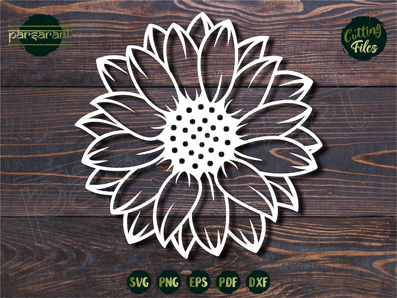 May include: A white outline of a sunflower with a detailed center. The sunflower is on a dark brown wooden background. The text "Cutting Files" is in a circle at the top right of the image. The text "SVG PNG EPS PDF DXF" is at the bottom of the image.