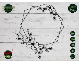 May include: Black and white digital download of a geometric floral wreath with a hexagonal frame. The wreath is made up of stylized flowers and leaves. The image is suitable for use in crafting projects, such as card making, scrapbooking, and home decor.