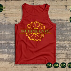 May include: Red tank top with a yellow sunflower graphic and the name "STEPHANIE" in a gold banner.