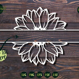 May include: A white silhouette of a sunflower with two horizontal lines for text. The text "Your Text Here" is written below the sunflower. The image is on a wood background.