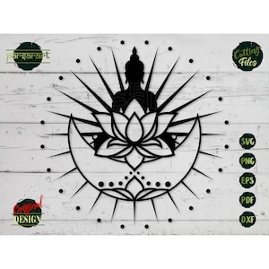 仏陀 SVG 蓮の花 SVG 座る仏陀 クリップアート 月 SVG ヨガ ナマステ 瞑想 ベクター デジタルカット ファイル Cricut/シルエット Eps PNG Dxf