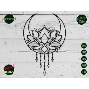 Flor de loto SVG, Luna bohemia SVG, Yoga SVG, Clipart de flores, Namaste, Meditación bohemia, Archivo de corte digital vectorial, Cricut/Silhouette, Eps, Png, Dxf, PDF