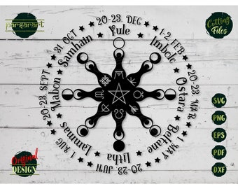 May include: Black and white illustration of a wheel with eight spokes, each spoke representing a different time of year in the Wheel of the Year. The wheel is surrounded by a circle with the names of the eight sabbats, including Yule, Imbolc, Ostara, Beltane, Litha, Lammas, Mabon, and Samhain. The dates of each sabbat are also included.