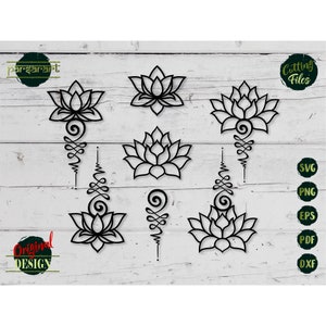 Bundle SVG di fiori di loto Unalome in formato SVG, simboli Unalome, Yoga in formato SVG, meditazione Namaste Svg vettoriale File di taglio digitale Cricut/Silhouette Eps Png Dxf
