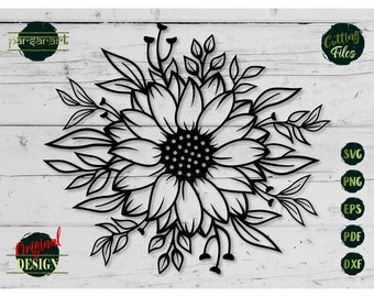 Sunflower SVG, Floral Elements SVG Sunflower Clipart Flower SVG Boho Sunflower Cut File Cricut/Silhouette  Vector Stencil Print Eps Png Dxf