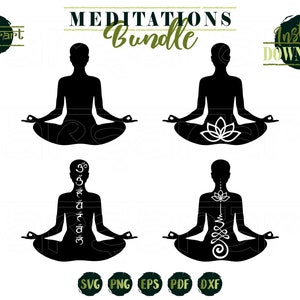 May include: Four black silhouette images of people meditating in a yoga pose. The images include a lotus flower, a mandala, and Sanskrit text. The text "Meditations Bundle" is at the top of the image. The text "Instant Download" is at the top right of the image.