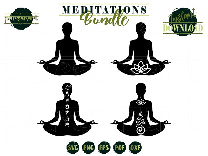 May include: Four black silhouette images of people meditating in a yoga pose. The images include a lotus flower, a mandala, and Sanskrit text. The text "Meditations Bundle" is at the top of the image. The text "Instant Download" is at the top right of the image.