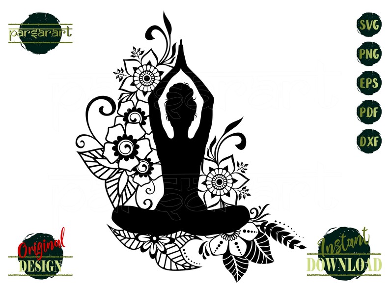 May include: Black and white silhouette of a person in a yoga pose surrounded by intricate floral designs. The design is perfect for creating a yoga-themed craft project.