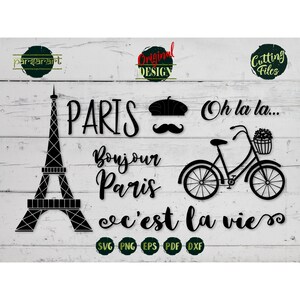 Paris SVG Bundle, Bicicleta SVG, Torre Eiffel SVG, Bonjour C'est la vie Bigode Boina Parisiense Clipart Cut File Cricut/Silhouette Eps Png Dxf