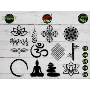 Pacchetto SVG simboli buddisti, occhi di Buddha fiore di loto Om Dharma Zen Stone Unalome Namaste Meditazione vettoriale File di taglio digitale Eps Png Dxf