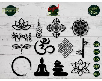 Buddhist Symbols SVG Bundle, Buddha Eyes Lotus Flower Om Dharma Zen Stone Unalome Namaste Meditation Vector Digital Cut File Eps Png Dxf