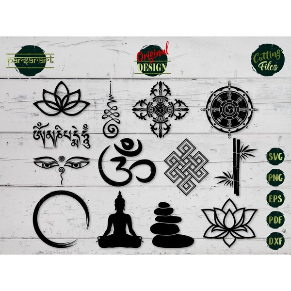 Buddhist Symbols SVG Bundle, Buddha Eyes Lotus Flower Om Dharma Zen Stone Unalome Namaste Meditation Vector Digital Cut File Eps Png Dxf