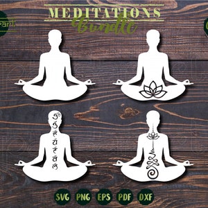 May include: Four digital cut files of a person in a meditation pose. The first two files show a person with a lotus flower in the center of their body. The second two files show a person with a series of symbols down their spine. The files are labeled "Meditations Bundle" and "Cutting Files".