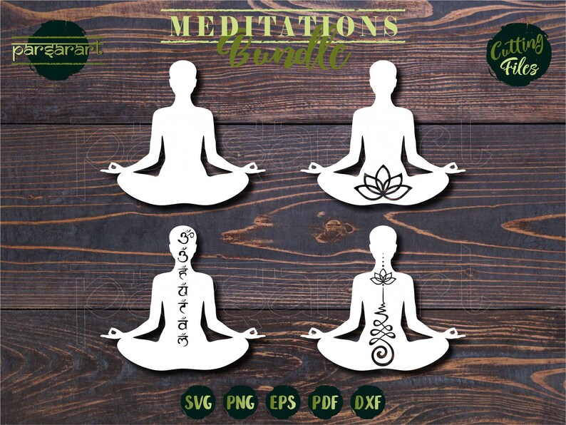 May include: Four digital cut files of a person in a meditation pose. The first two files show a person with a lotus flower in the center of their body. The second two files show a person with a series of symbols down their spine. The files are labeled "Meditations Bundle" and "Cutting Files".