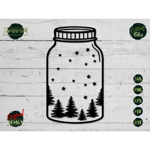 Pot Mason SVG, pot de Noël SVG arbres de Noël étoiles ferme rustique pays coupe fichier Cricut/Silhouette vecteur pochoir impression Eps Png Dxf