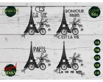 Paris SVG Bundle, Eiffel Tower SVG, Bonjour SVG, C'est la vie Svg, Bicycle Svg, Parisian Clipart, Cut File Cricut/Silhouette, Eps Png Dxf