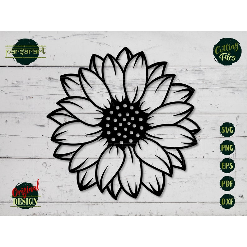 May include: Black and white silhouette of a sunflower with a large center and many petals.