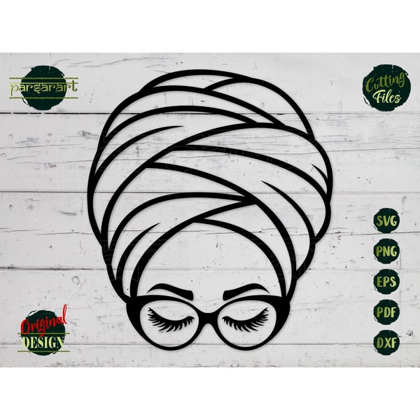 Women Head Wrap SVG, Mom Scarf Clipart Eyelashes SVG Girl with Glasses Turban Female Vector Digital Cut File Cricut/Silhouette Eps Png Dxf