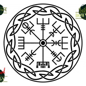 May include: Black and white line art illustration of a compass with a Celtic knot border. The compass has eight points and each point has a symbol. The compass is surrounded by a circle of Celtic knots.