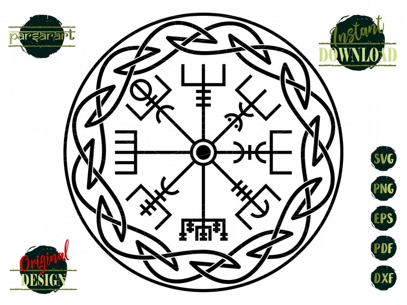May include: Black and white line art illustration of a compass with a Celtic knot border. The compass has eight points and each point has a symbol. The compass is surrounded by a circle of Celtic knots.