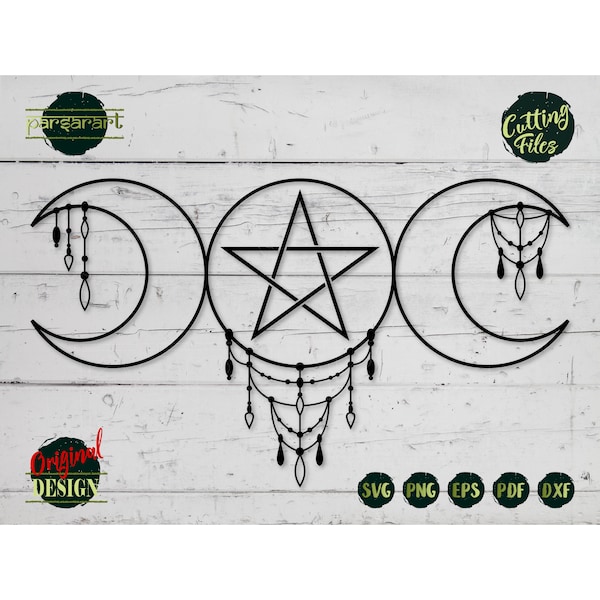 Wicca Triple Moon SVG Pentagram SVG Goddess Wicca Clipart Star Celestial Pagan Wiccan Symbol Vector Cut File Cricut/Silhouette Eps Png Dxf