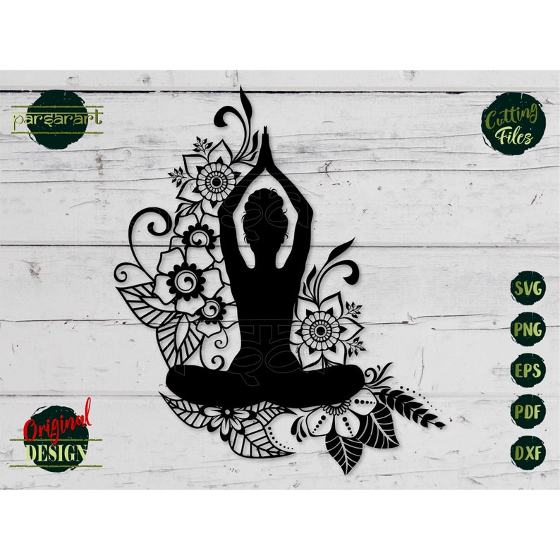 May include: Black silhouette of a person in a yoga pose surrounded by intricate floral designs. The design is perfect for cutting machines and crafting projects.