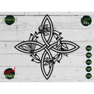 May include: Black, laser-cut Celtic knot design with floral accents. The design features interwoven lines forming a symmetrical pattern, with leaves and small buds. The image includes the text "Original Design" and "Cutting Files".