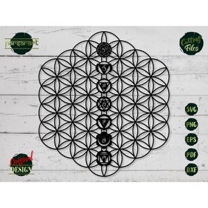 Peut inclure: Un motif géométrique noir et blanc d'une fleur de vie avec sept chakras au centre. Les chakras sont représentés par des symboles et sont disposés verticalement en ligne.