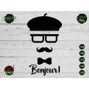 Uomo viso SVG Bonjour SVG French Man Moustache Clipart Beret SVG Papillon French Vector Digital Cut File Cricut/Silhouette Modello Eps Png Dxf