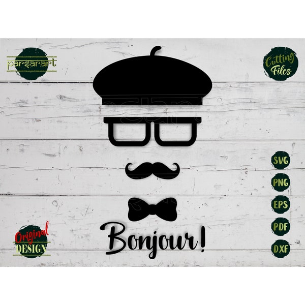 Man Face SVG Bonjour SVG French Man Mustache Clipart Beret SVG Bow Tie French Vector Digital Cut File Cricut/Silhouette Template Eps Png Dxf